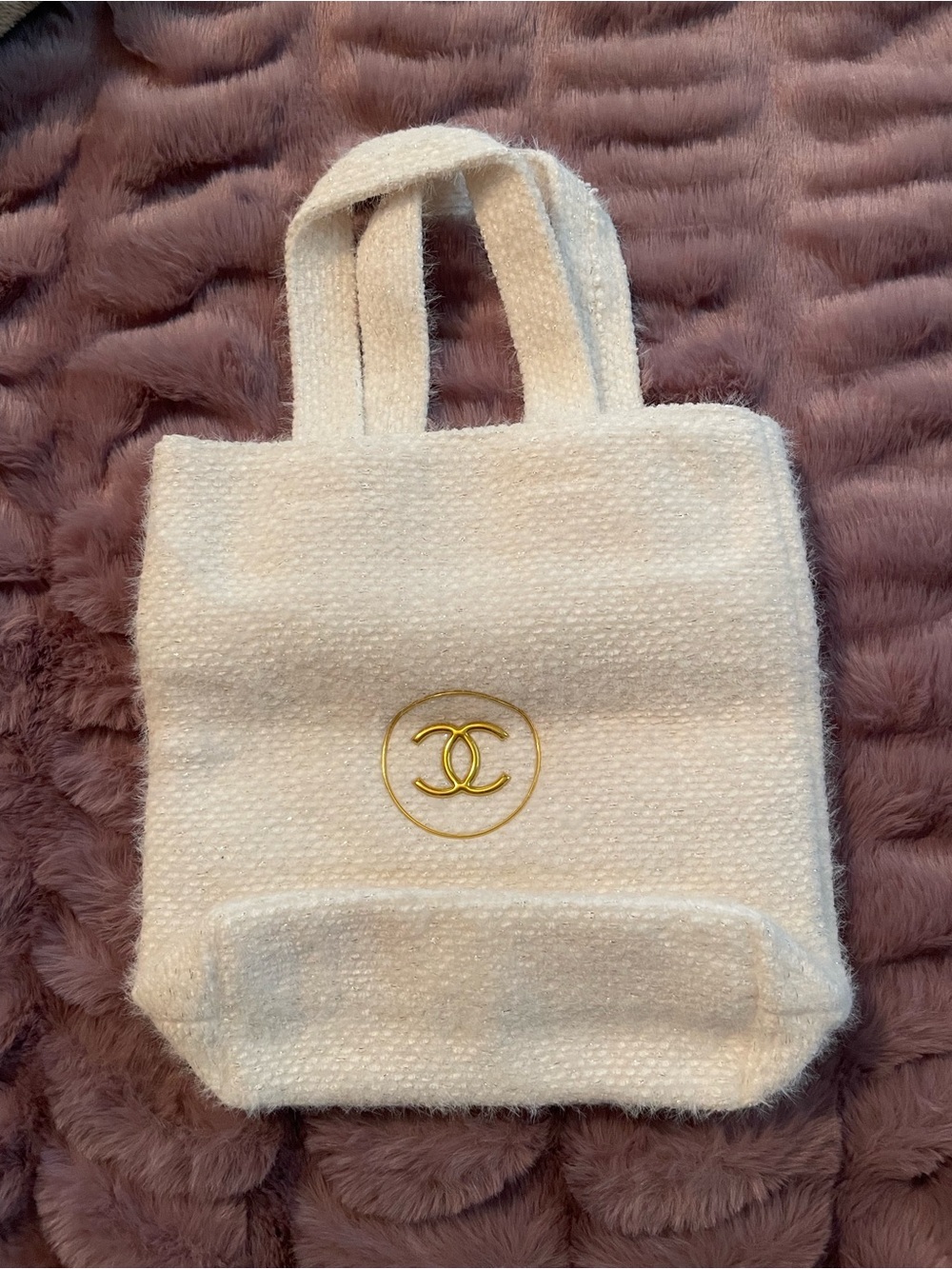 CHANEL Cream Tweed Mini Tote with Gold CC Emblem